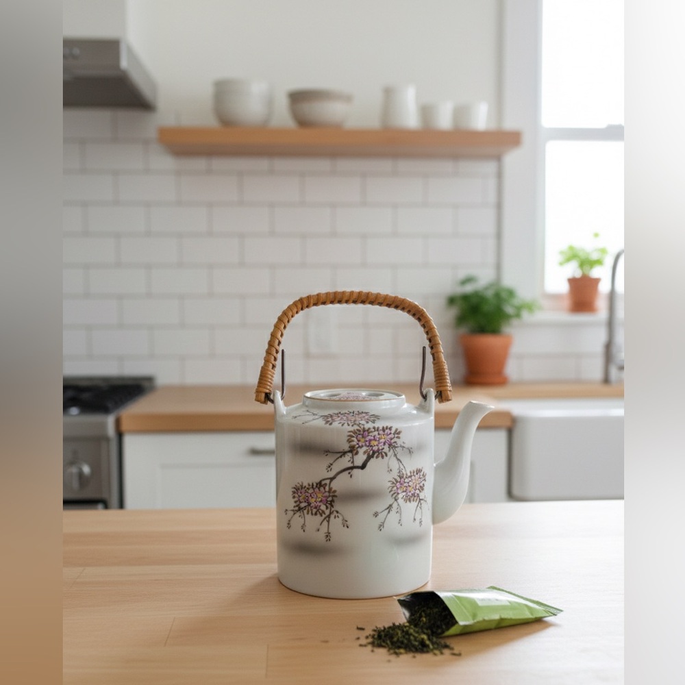 Vintage Japanese-Style Ceramic Teapot - Pink Cherry Blossom Design